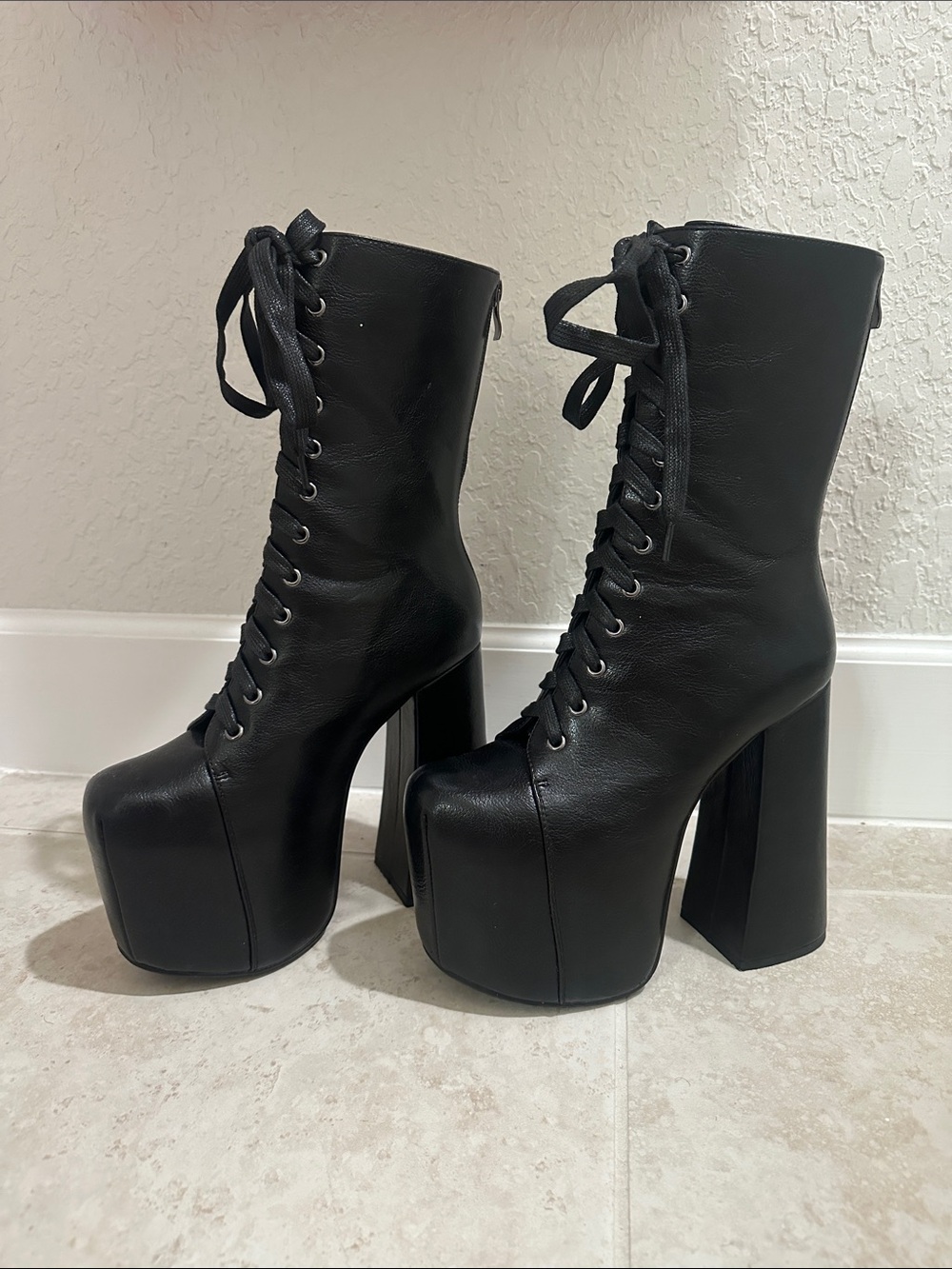 Women's Black Lace & Zip Up Platform Ankle Boots Gaga Style Chunky Boots